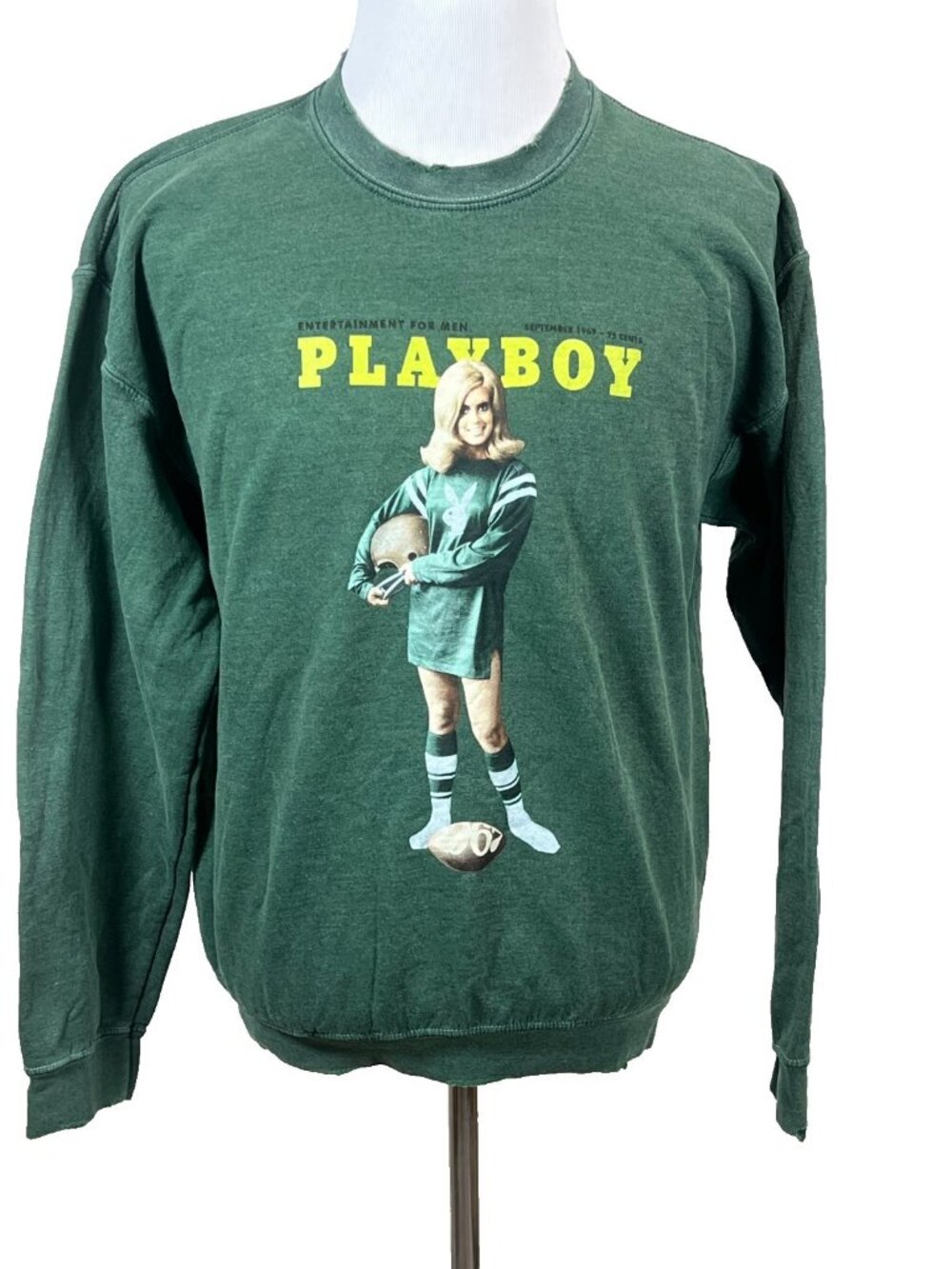 Playboy Sweatshirt Mens M Pinup Girl Football Graphic Crewneck Pullover Green